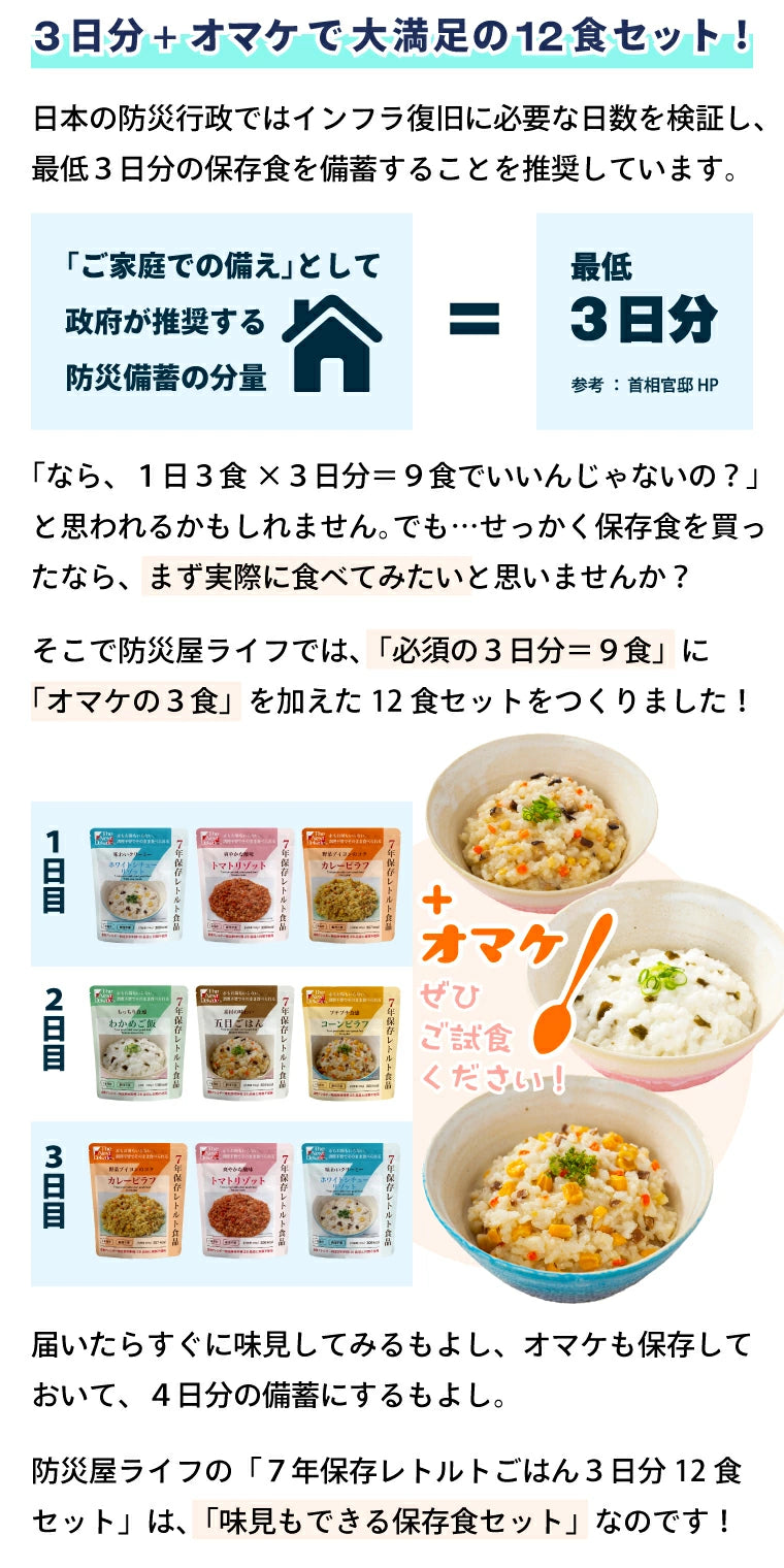 【非常食 ごはん3日分12個】 7年保存食 水なし 加熱不要 アレルギー対応 災害用 地震備え